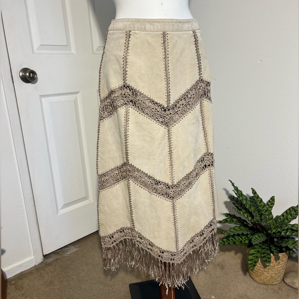 Suede Beige A-Line Skirt with Fringe